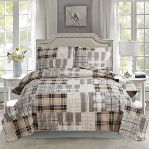 CHESITY King Size Plaid Quilt Set 3-Piece Brown Bedspread Set Reversible Lightweight Striped Quilt Grid Coverlet Patchwork Soft Quilt for Bed (96" x 108")