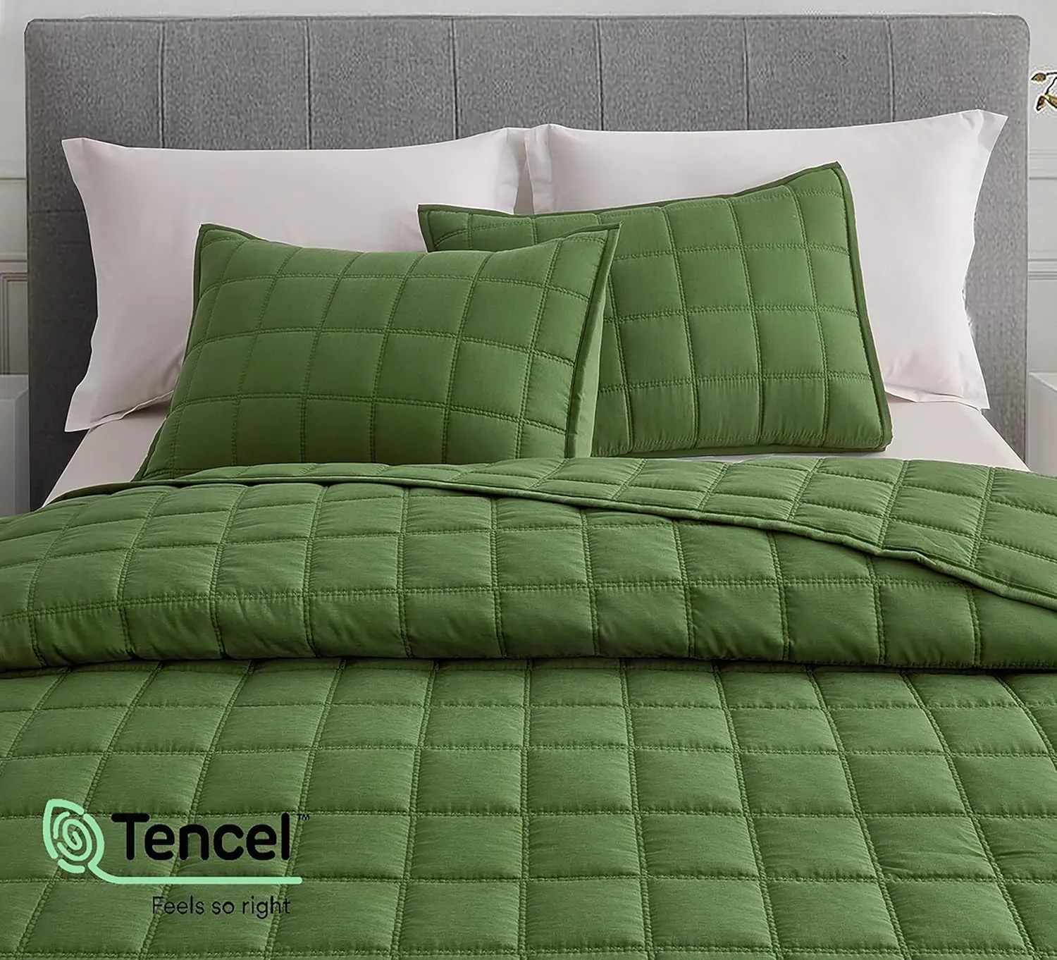 Chezmoi Collection Tencel Modal Blend Quilt Set Queen Size, Forest Green - Lightweight Soft Bedspread Detailed Square Stitched Quilt for All Seasons