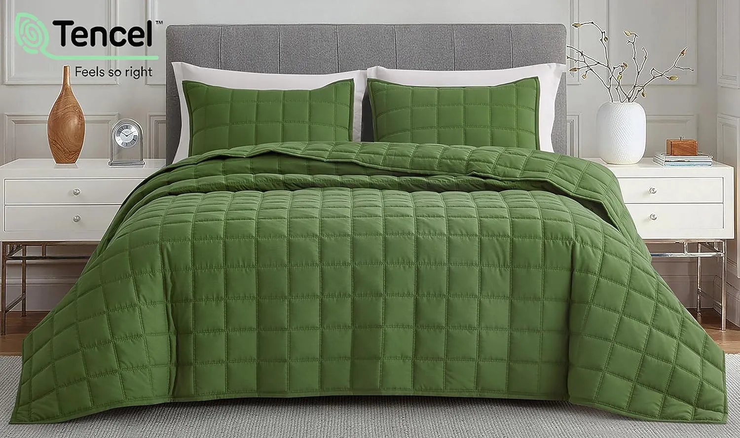 Chezmoi Collection Tencel Modal Blend Quilt Set Queen Size, Forest Green - Lightweight Soft Bedspread Detailed Square Stitched Quilt for All Seasons