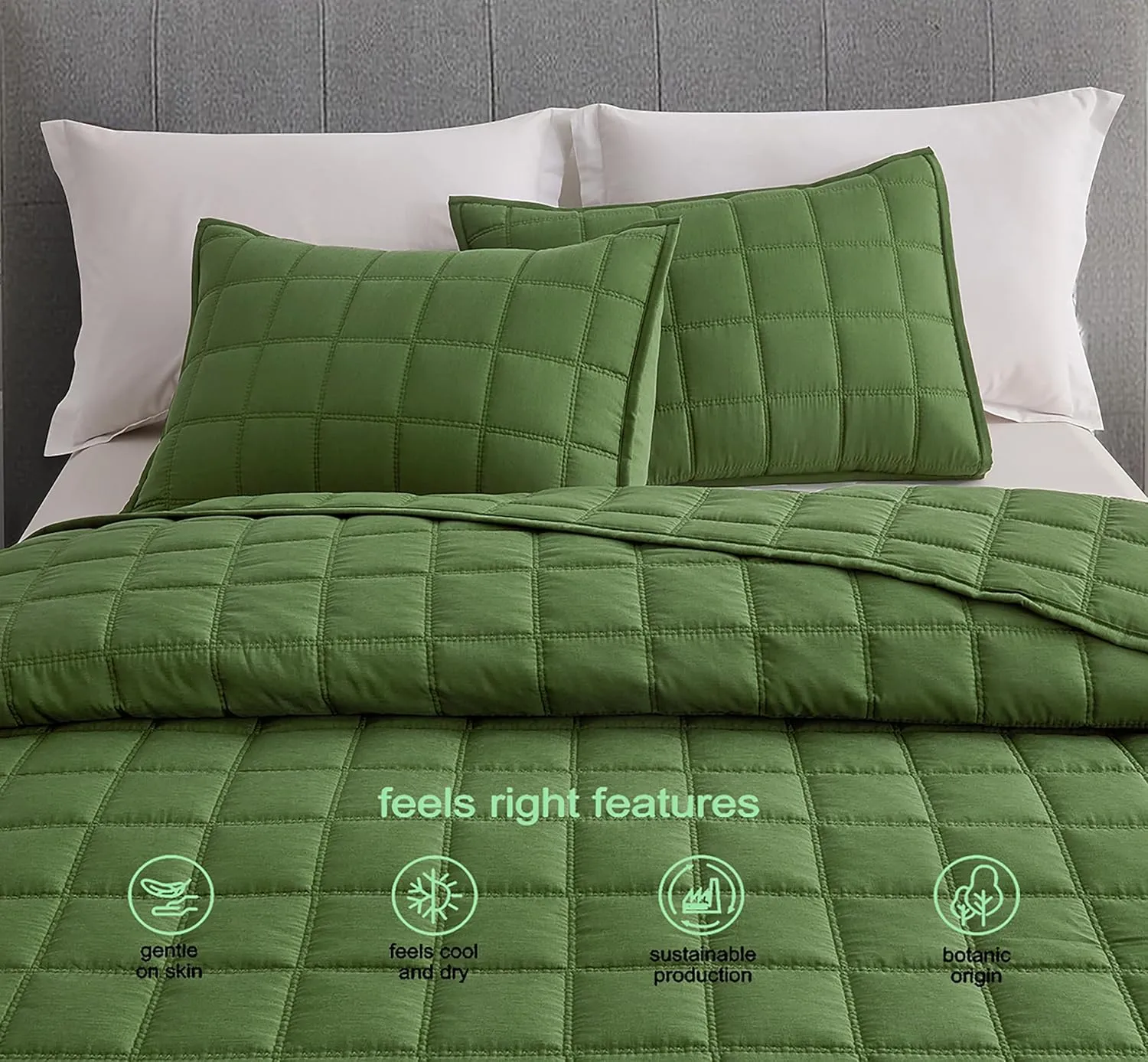 Chezmoi Collection Tencel Modal Blend Quilt Set Queen Size, Forest Green - Lightweight Soft Bedspread Detailed Square Stitched Quilt for All Seasons