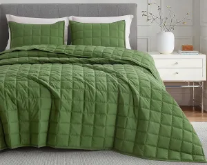 Chezmoi Collection Tencel Modal Blend Quilt Set Queen Size, Forest Green - Lightweight Soft Bedspread Detailed Square Stitched Quilt for All Seasons