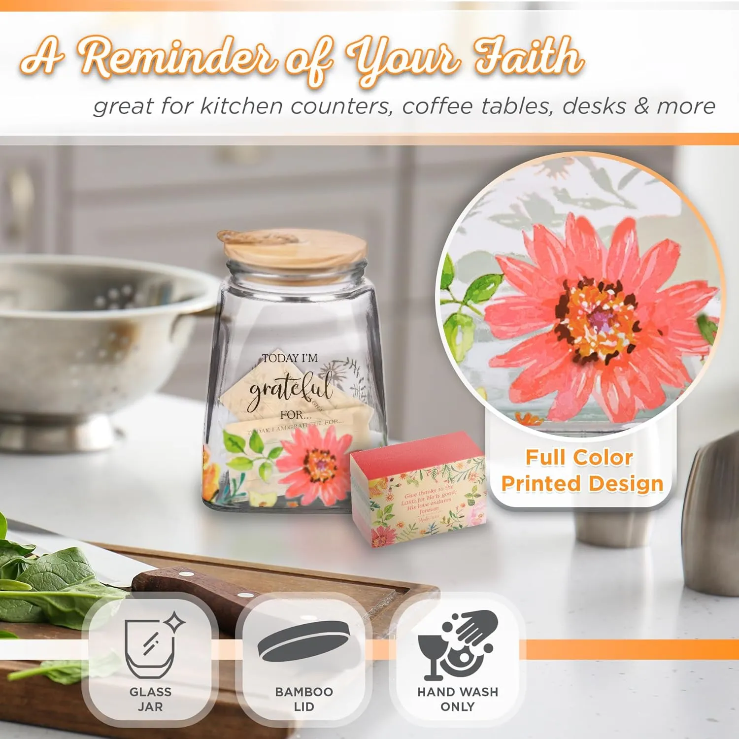 Christian Art Gifts Keepsake Count Your Blessings Glass Gratitude Jar Set with Bible Verse Note Cards - Today I'm Grateful For, Floral Orange Daisy