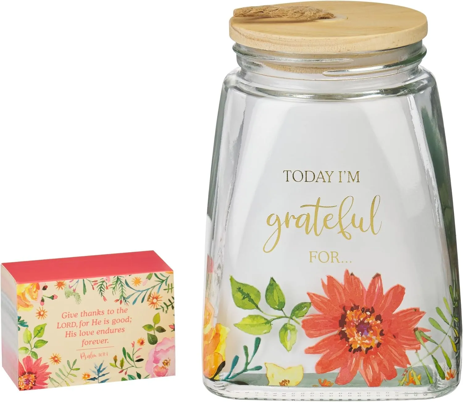 Christian Art Gifts Keepsake Count Your Blessings Glass Gratitude Jar Set with Bible Verse Note Cards - Today I'm Grateful For, Floral Orange Daisy