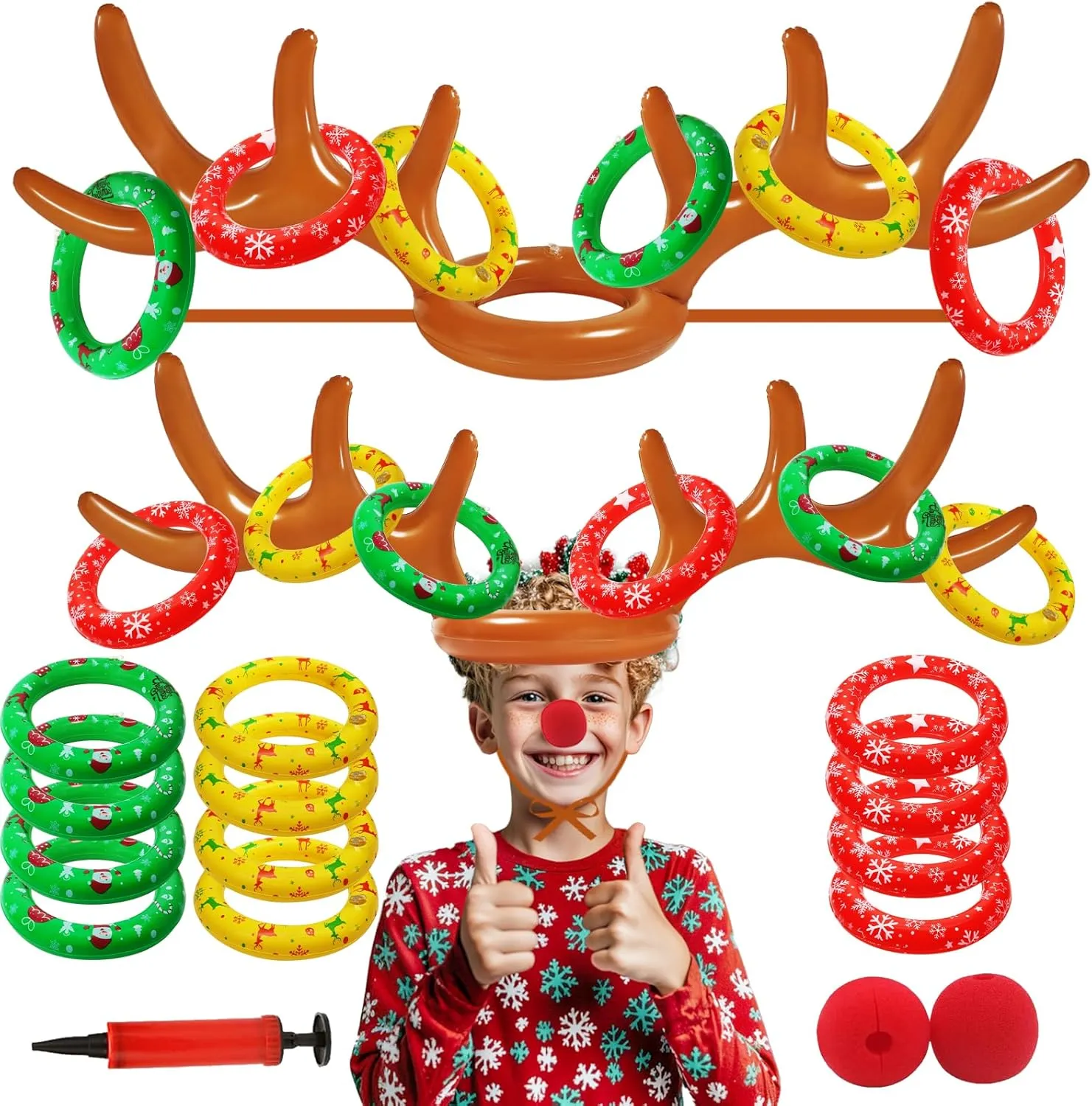 Christmas Games, 2 Sets Reindeer Antler Ring Toss Game for Christmas Party Games and Holiday Game Family Christmas Inflatable Reindeer Ring Toss Party Games