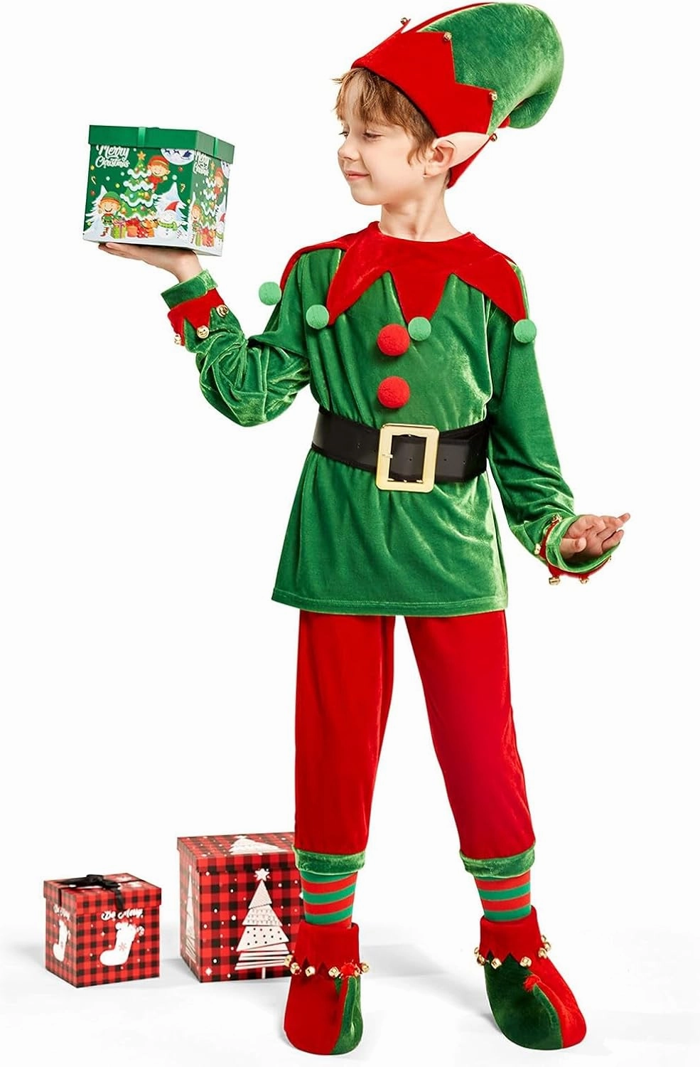 Christmas Santa Helper Costume for Kids, Child Xmas Santa Helper Cosplay Outfits with Accessories Holiday