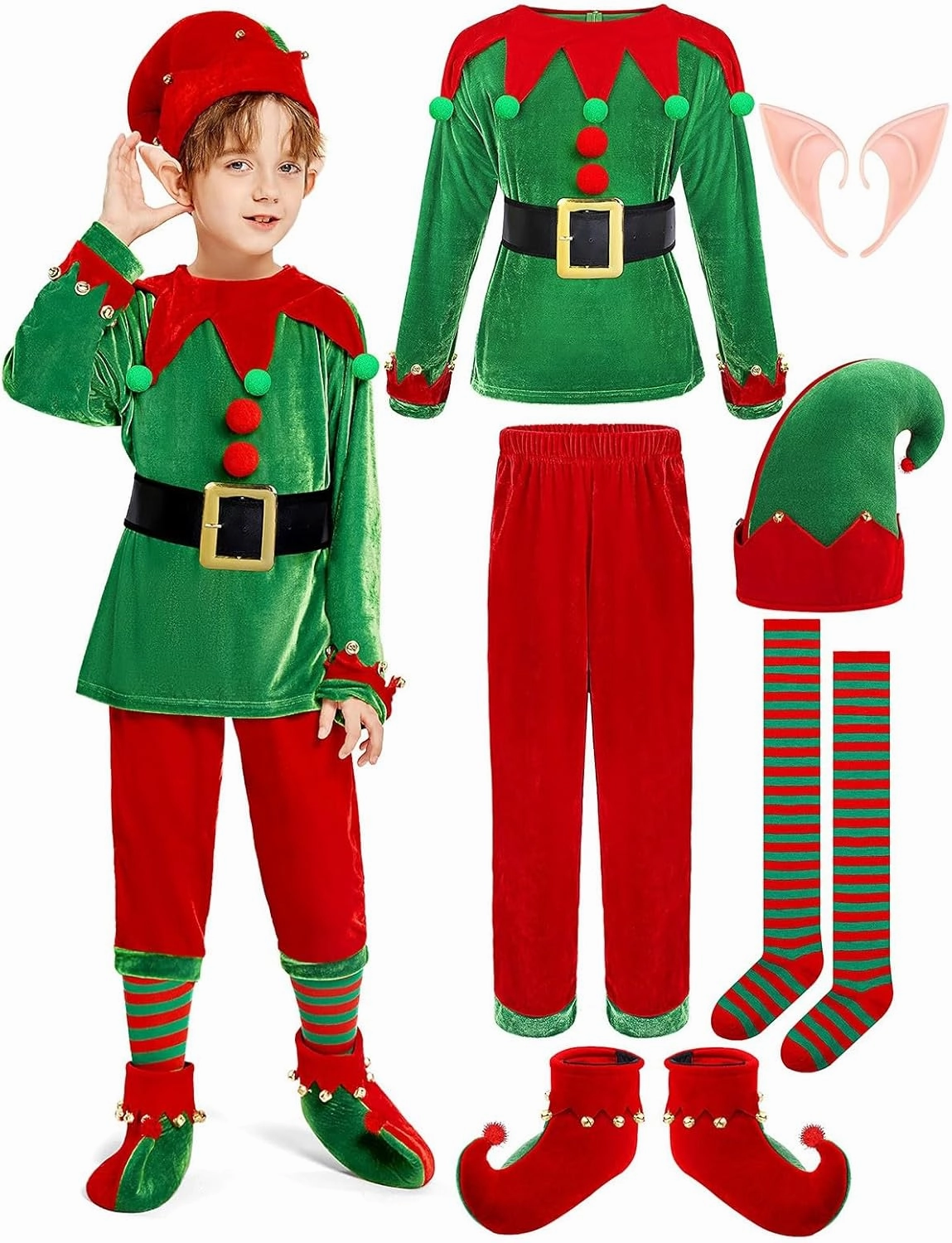 Christmas Santa Helper Costume for Kids, Child Xmas Santa Helper Cosplay Outfits with Accessories Holiday