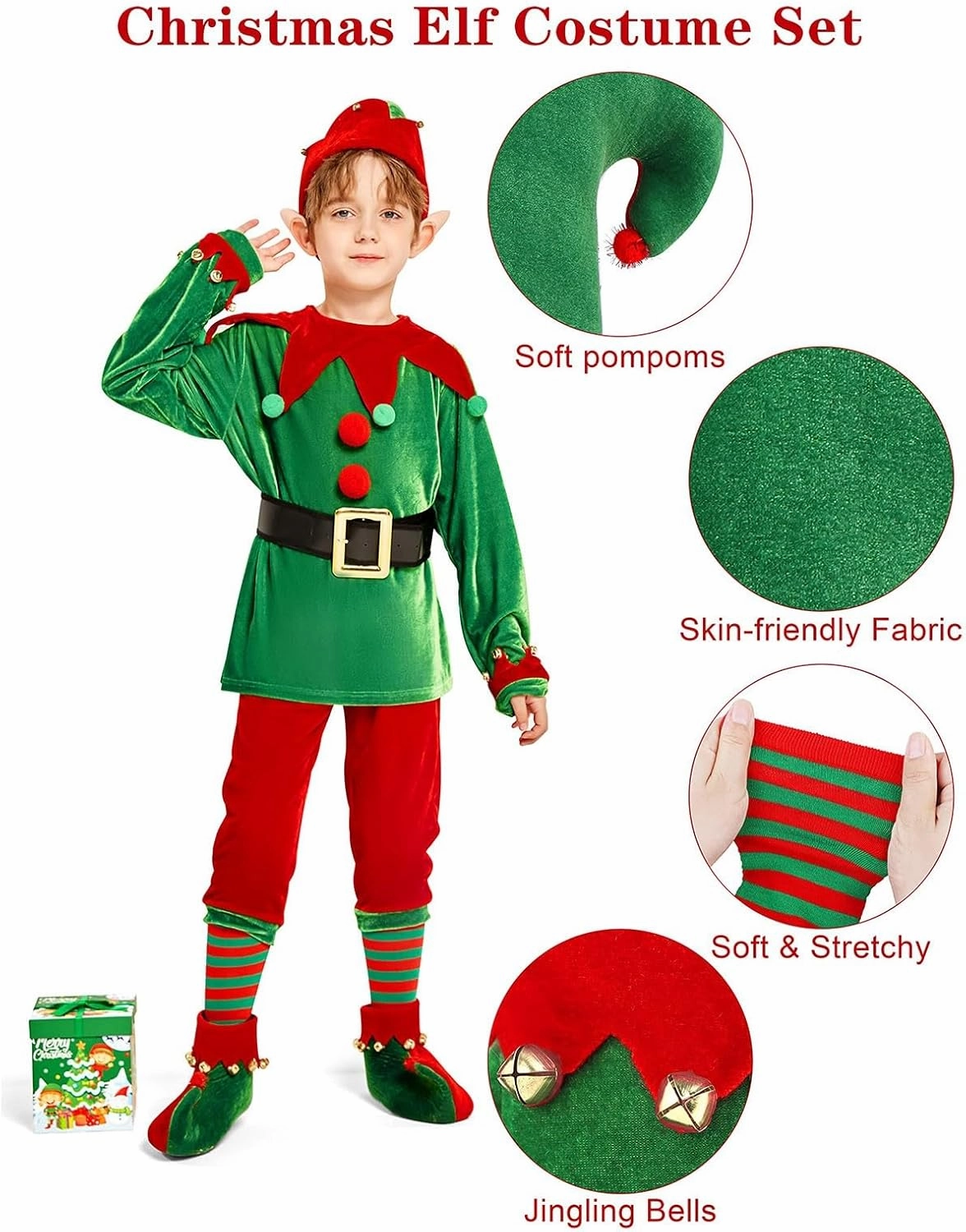 Christmas Santa Helper Costume for Kids, Child Xmas Santa Helper Cosplay Outfits with Accessories Holiday