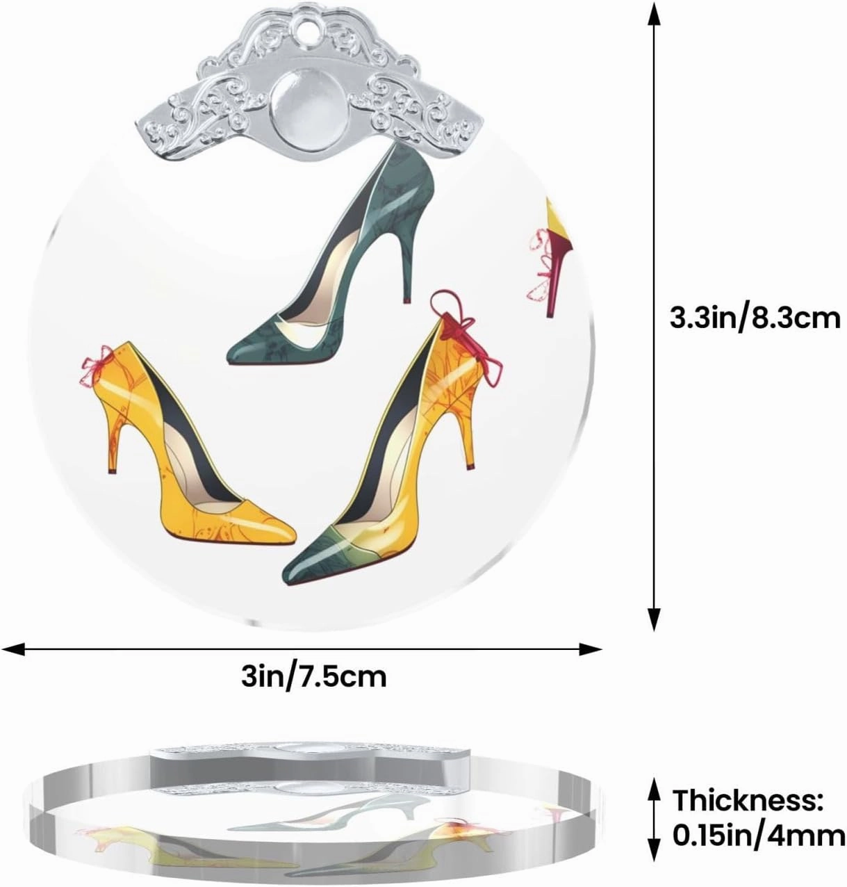 Christmas Tree Glass Round Ornament High Heel Shoes Print 3 Inch Glass Hanging Decor Christmas Tree Decorations Round Glass Christmas Tree Pendants for Family Friends Holiday Presents - Silver
