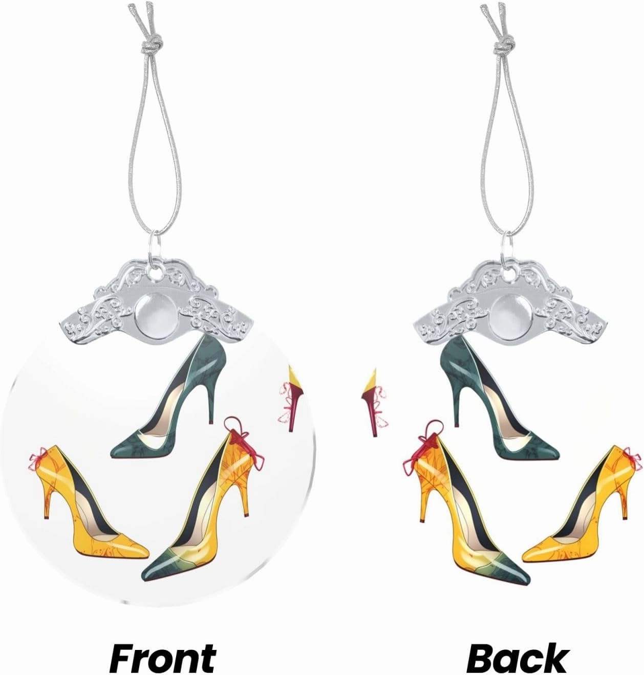 Christmas Tree Glass Round Ornament High Heel Shoes Print 3 Inch Glass Hanging Decor Christmas Tree Decorations Round Glass Christmas Tree Pendants for Family Friends Holiday Presents - Silver