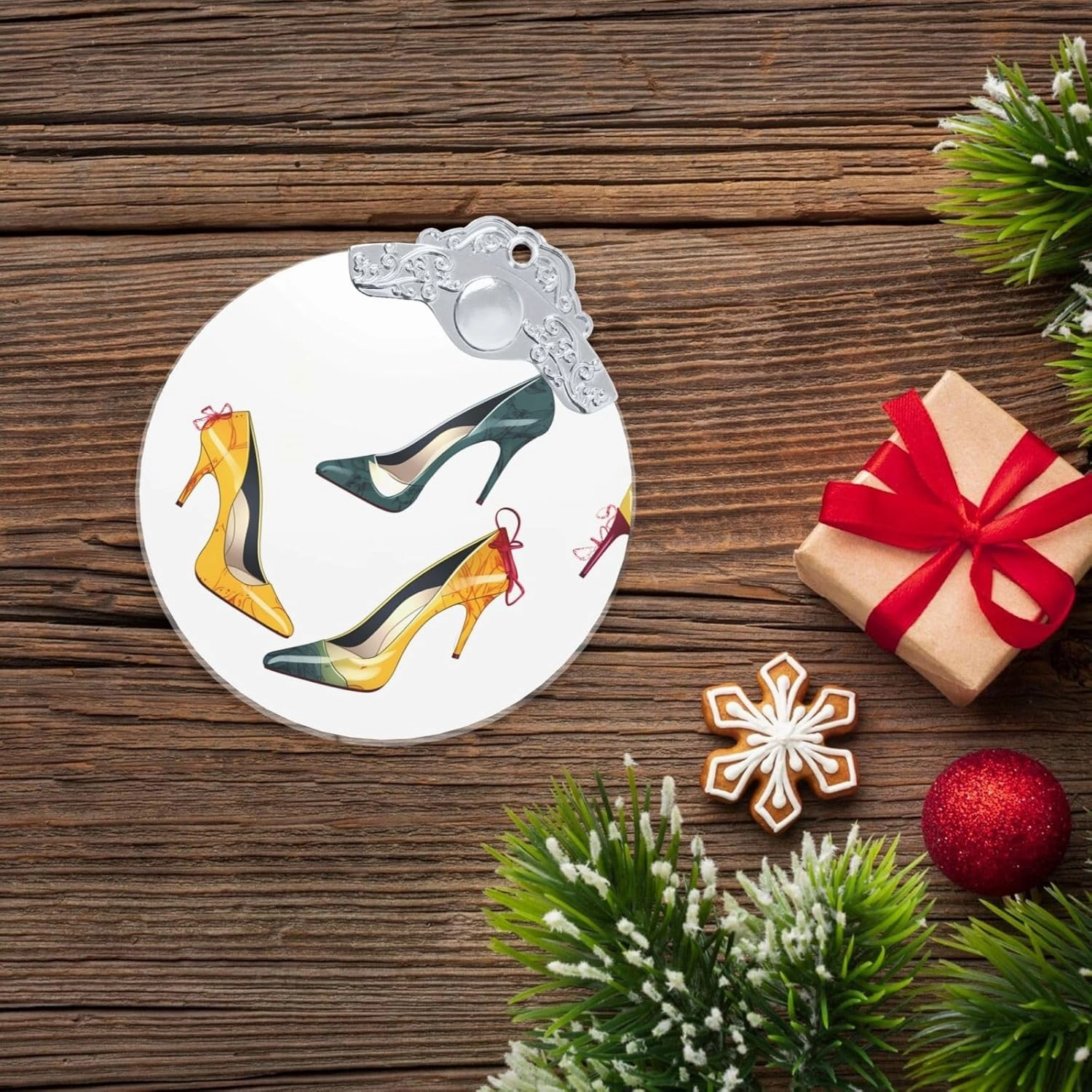Christmas Tree Glass Round Ornament High Heel Shoes Print 3 Inch Glass Hanging Decor Christmas Tree Decorations Round Glass Christmas Tree Pendants for Family Friends Holiday Presents - Silver