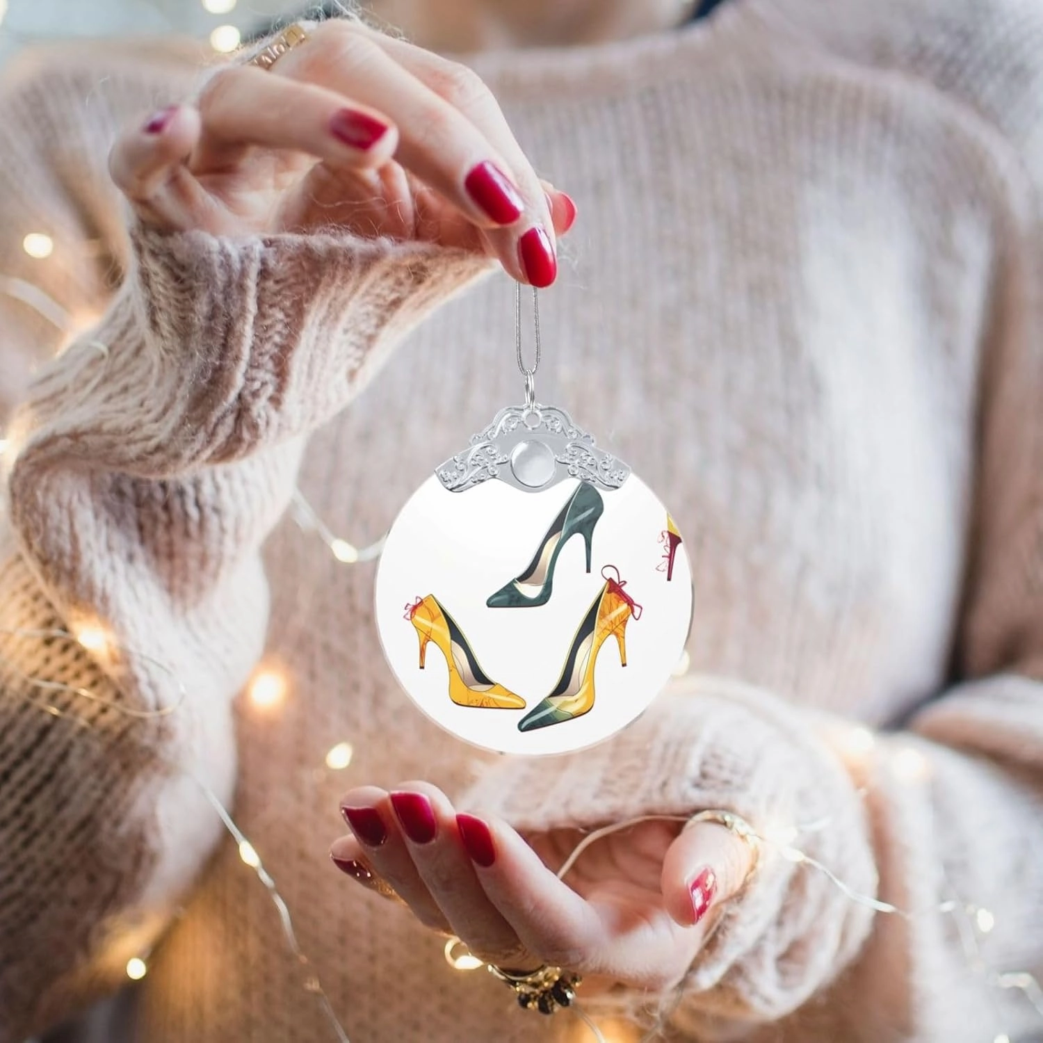 Christmas Tree Glass Round Ornament High Heel Shoes Print 3 Inch Glass Hanging Decor Christmas Tree Decorations Round Glass Christmas Tree Pendants for Family Friends Holiday Presents - Silver