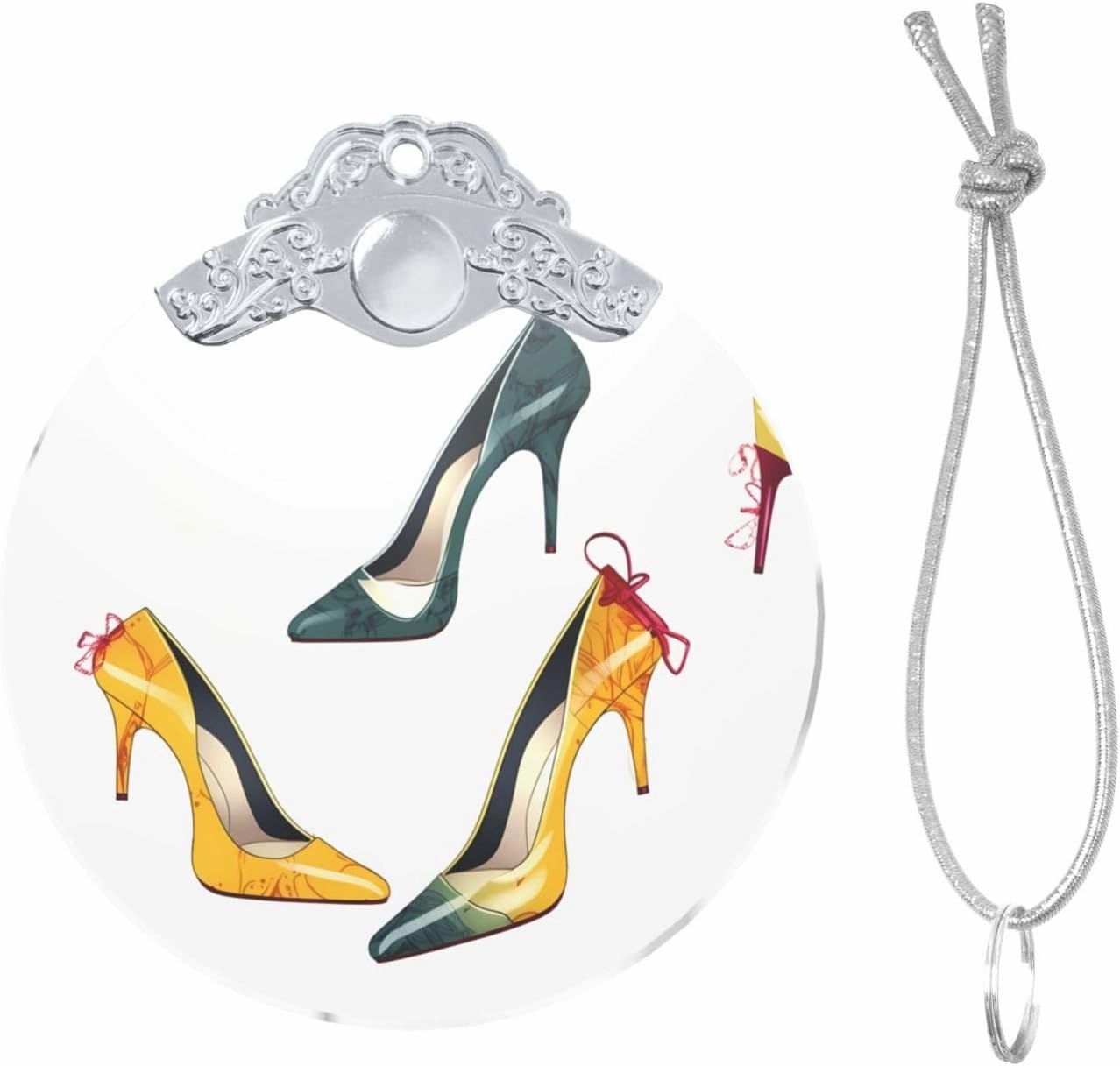Christmas Tree Glass Round Ornament High Heel Shoes Print 3 Inch Glass Hanging Decor Christmas Tree Decorations Round Glass Christmas Tree Pendants for Family Friends Holiday Presents - Silver
