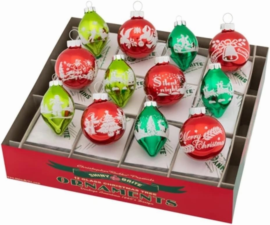 Christopher Radko Holiday Flocked Tulips & Rounds Christmas Ornaments, Set of 12