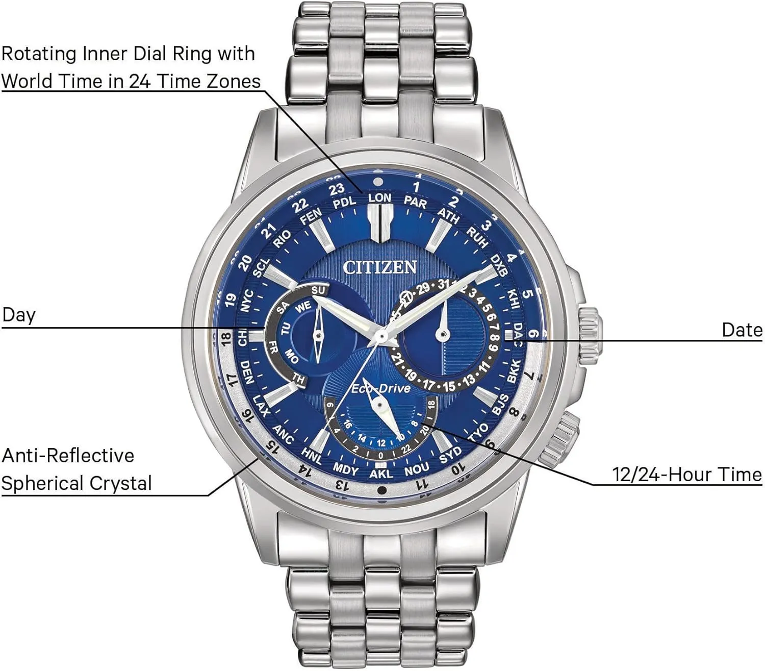 Citizen Men's Eco-Drive Calendrier Classic Watch, 12/24 Hour Time, 3-Hand Day and Date, Chronograph, Luminous Hands