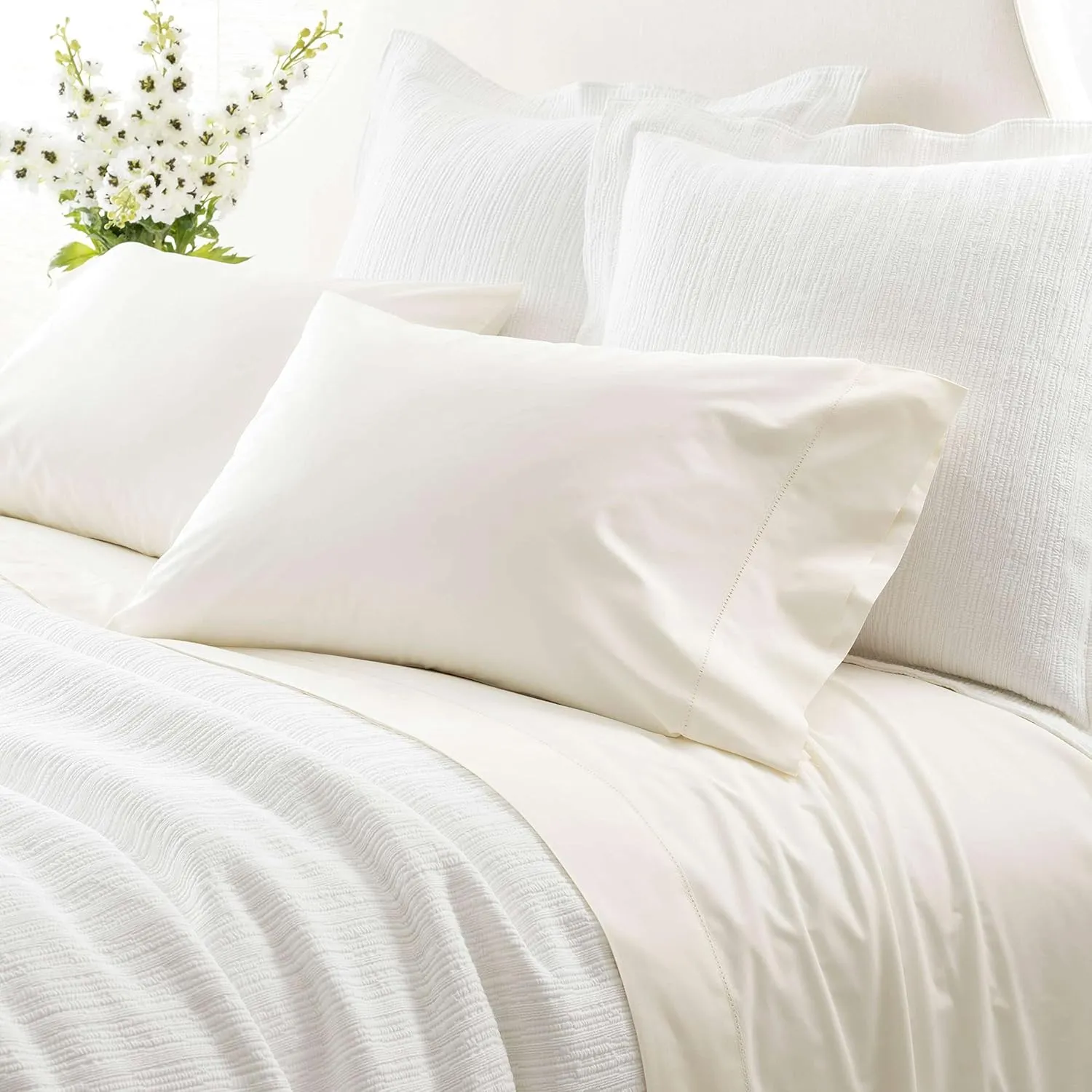 Classic Hemstitch Ivory Sheet Set, King Size, Ivory Solid Pattern