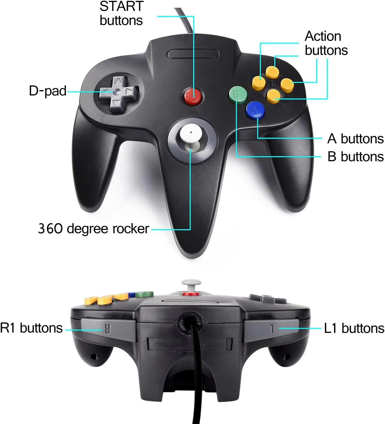 Classic N64 Controller, Retro N64 Remote Wired Joystick Game Pad Controller for N64-Console Video System Black