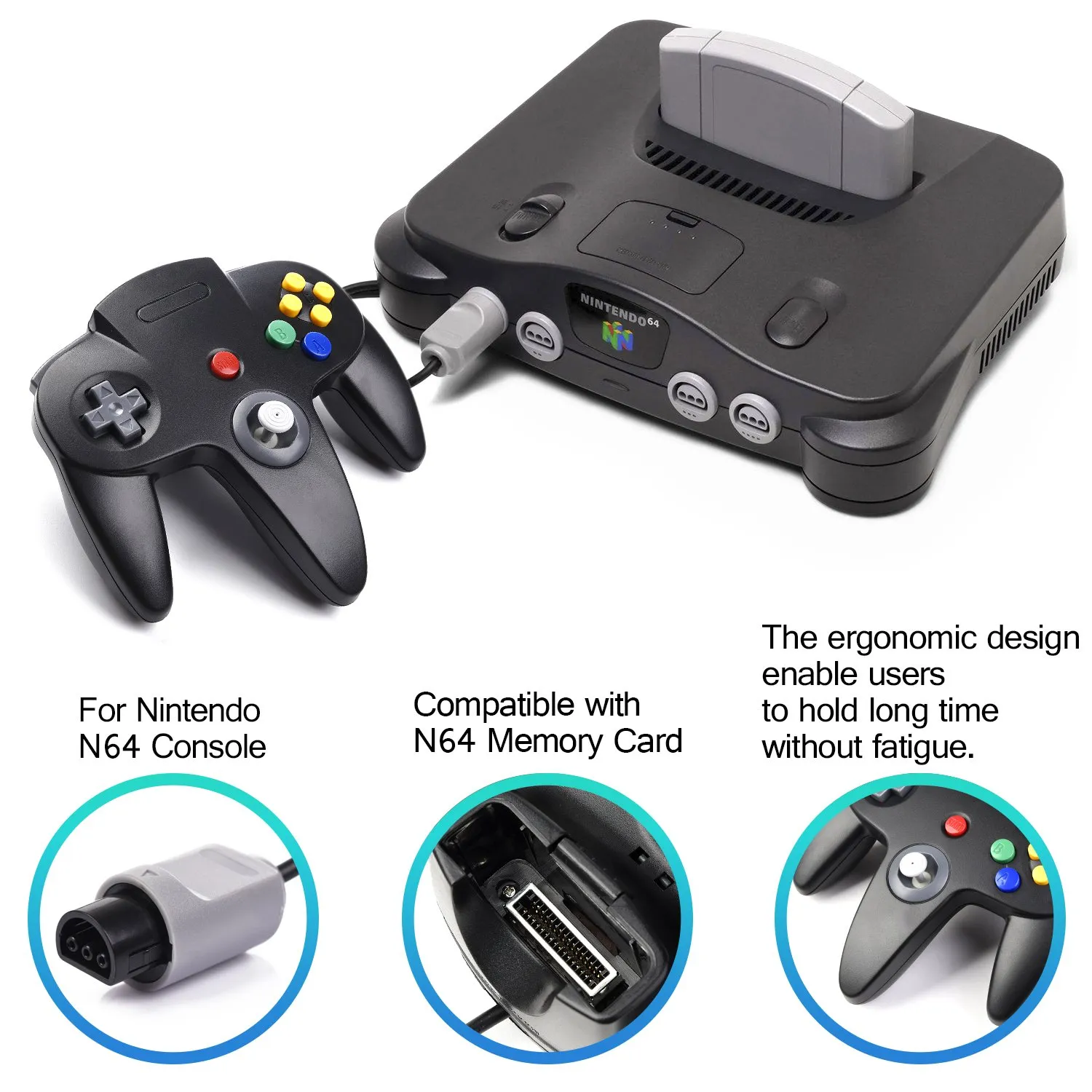 Classic Wired N64 64-bit Gamepad Joystick for Ultra 64 Video Game Console (Black) - 2 Pack