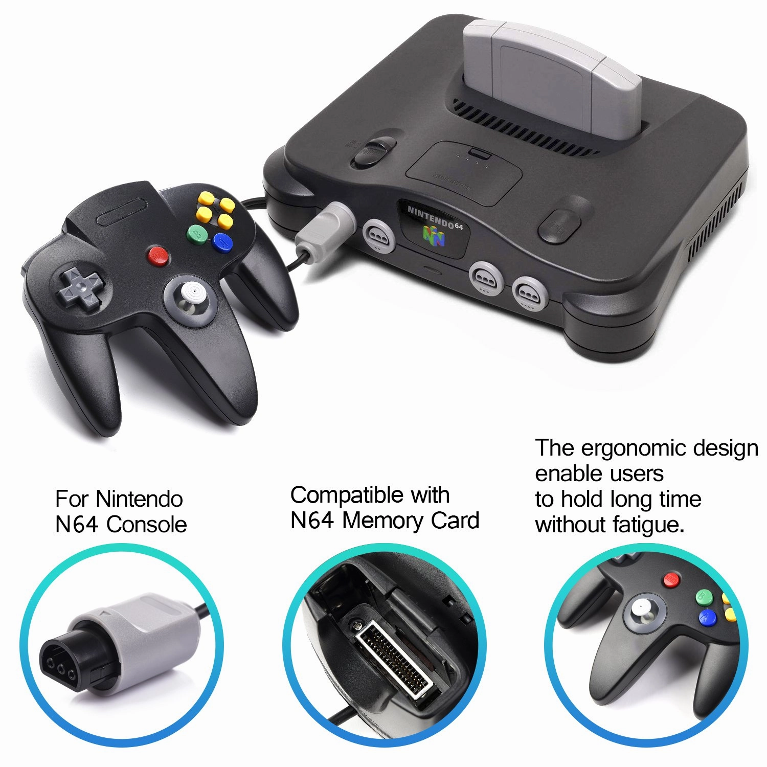 Classic Wired N64 64-bit Gamepad Joystick for Ultra 64 Video Game Console (Black) - 2 Pack
