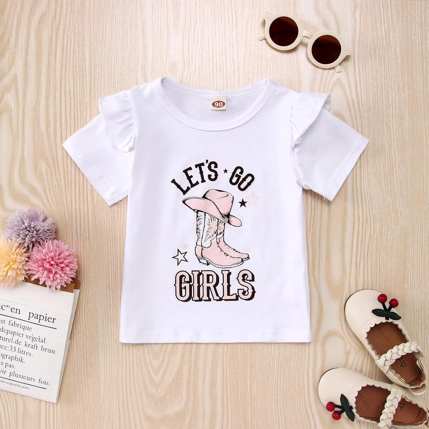 CM C&M WODRO Toddler Baby Girl Bell Bottom Outfits Western Cowgirl Flying Sleeve T Shirt   Boho Flared Bell Bottom Pants