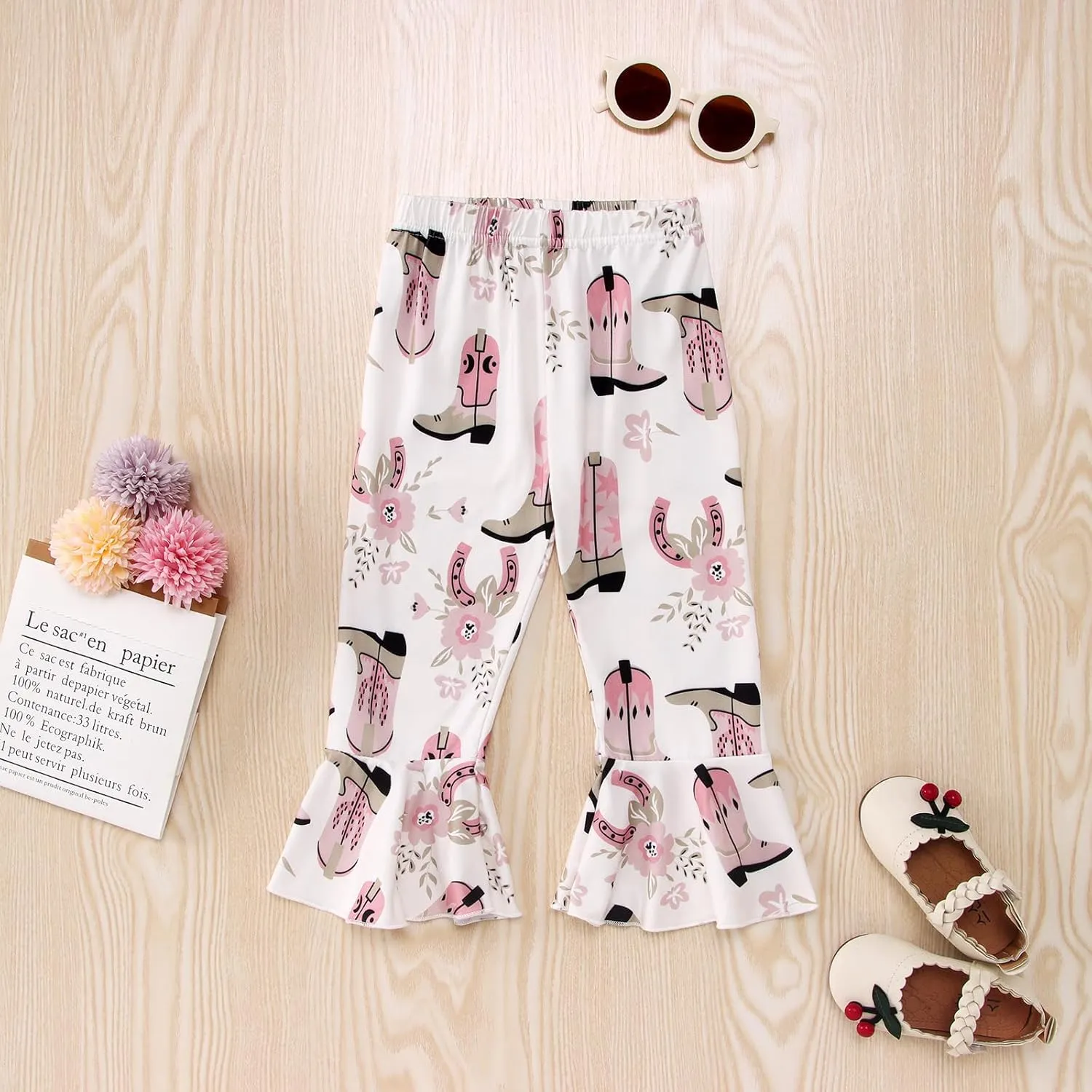 CM C&M WODRO Toddler Baby Girl Bell Bottom Outfits Western Cowgirl Flying Sleeve T Shirt   Boho Flared Bell Bottom Pants