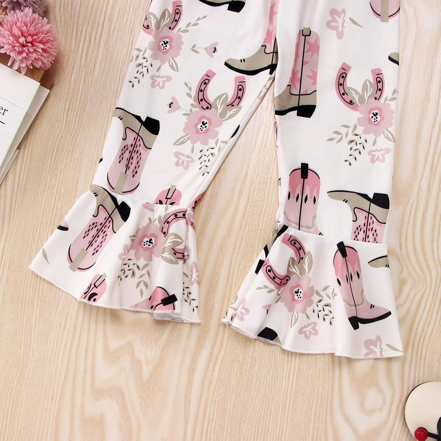 CM C&M WODRO Toddler Baby Girl Bell Bottom Outfits Western Cowgirl Flying Sleeve T Shirt   Boho Flared Bell Bottom Pants