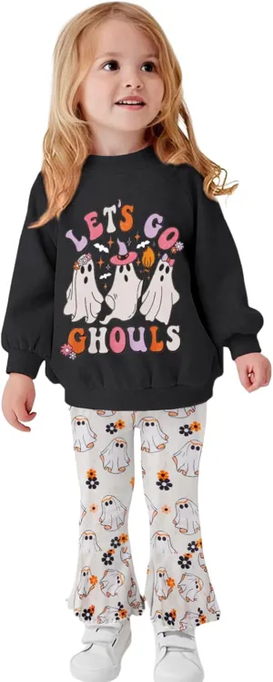 CM C&M WODRO Toddler Baby Girl Halloween Outfit Lets Go Ghouls Spooky Ghost Crewneck Sweatshirt Flared Pants Set Fall Clothes