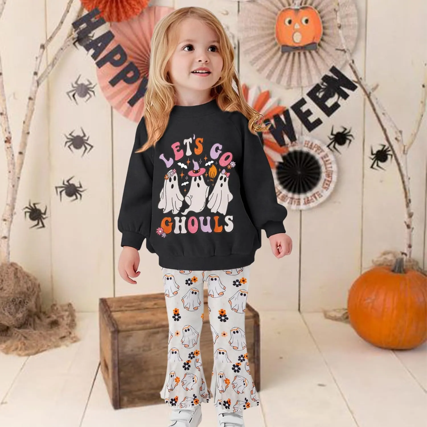 CM C&M WODRO Toddler Baby Girl Halloween Outfit Lets Go Ghouls Spooky Ghost Crewneck Sweatshirt Flared Pants Set Fall Clothes