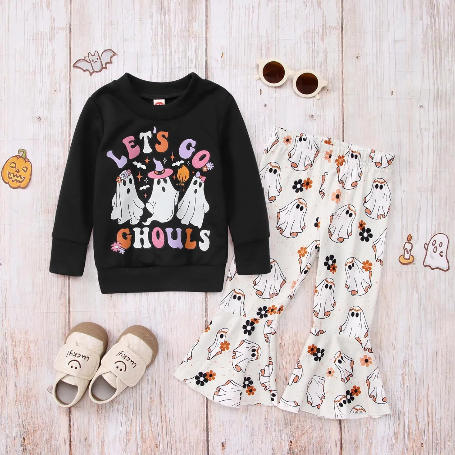 CM C&M WODRO Toddler Baby Girl Halloween Outfit Lets Go Ghouls Spooky Ghost Crewneck Sweatshirt Flared Pants Set Fall Clothes
