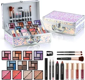 Color Nymph Beginner Makeup Kit For Teens, Big Case Make Up Kit Train Case Makeup Kits Storage Case For Cosmetics Make Up Travel Case Eyeshadow Lipstick Blush Lipgloss Mascara & Tools Dreamy Silver