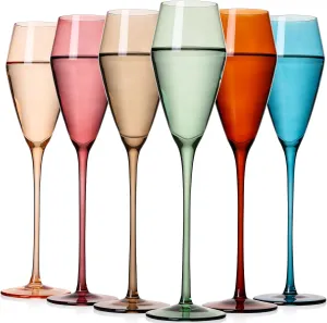 Colored Champagne Glasses Set of 6-7.5oz Hand-Blown Lead-Free Crystal Glass, Wedding Champagne Flutes, Classic Colorful Champagne Flute, Elegant Glassware for Weddings, Parties