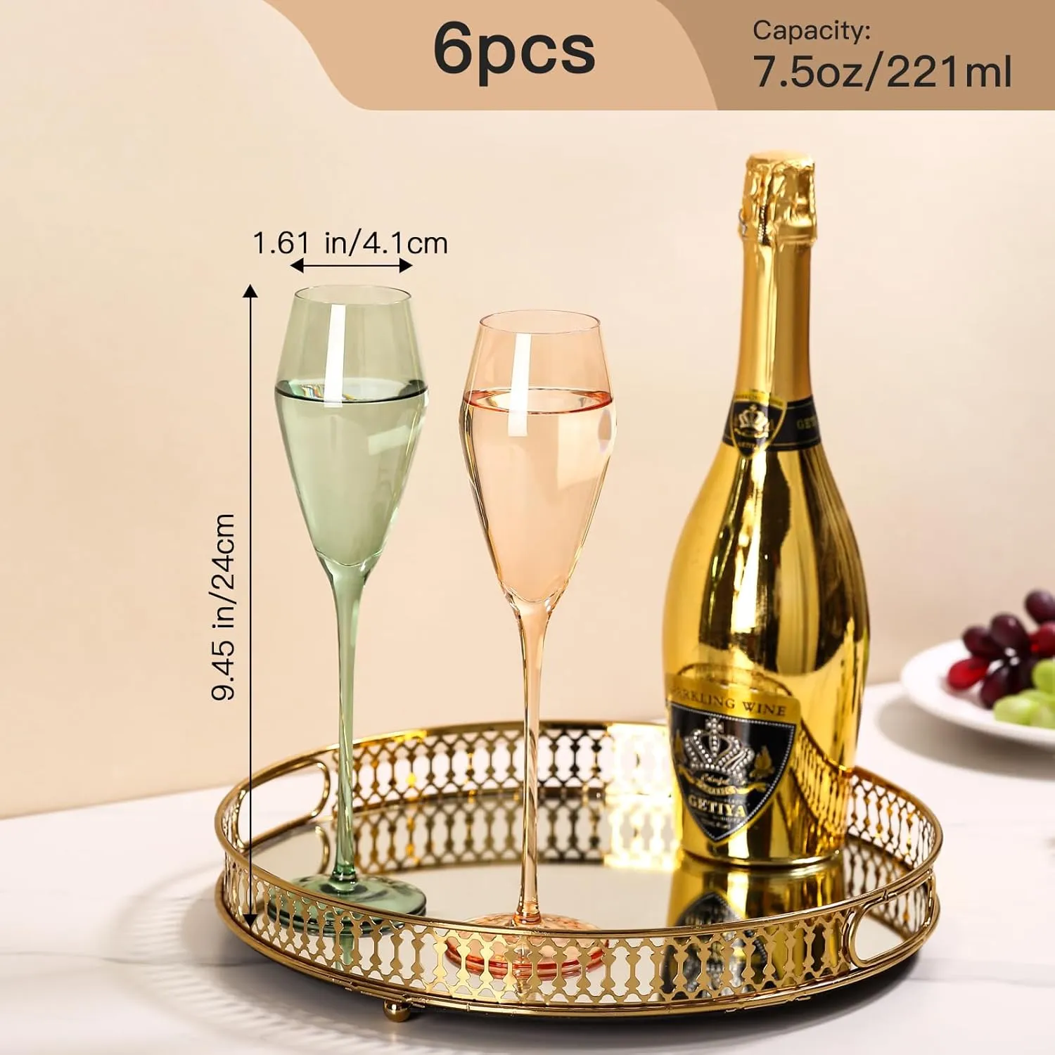 Colored Champagne Glasses Set of 6-7.5oz Hand-Blown Lead-Free Crystal Glass, Wedding Champagne Flutes, Classic Colorful Champagne Flute, Elegant Glassware for Weddings, Parties