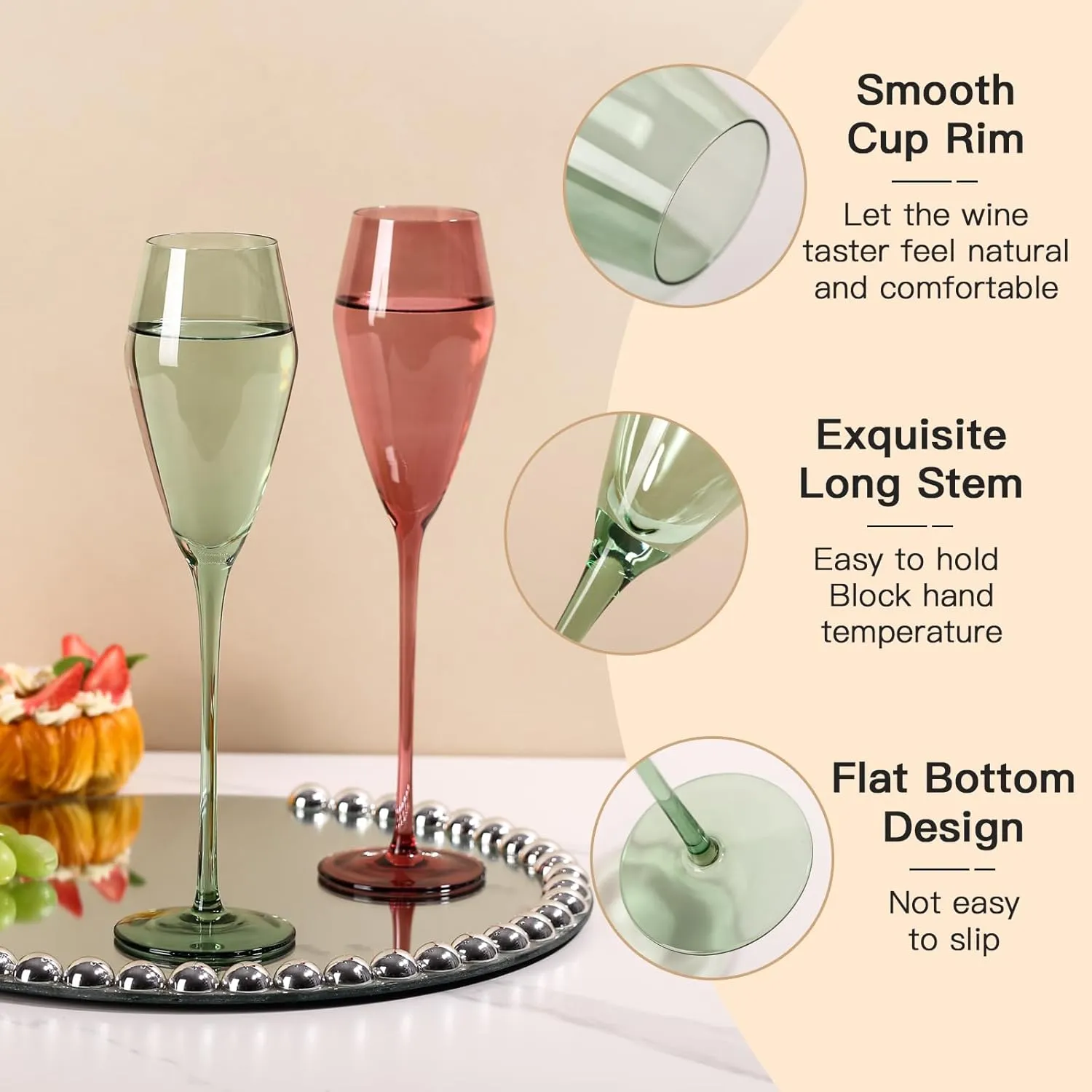 Colored Champagne Glasses Set of 6-7.5oz Hand-Blown Lead-Free Crystal Glass, Wedding Champagne Flutes, Classic Colorful Champagne Flute, Elegant Glassware for Weddings, Parties