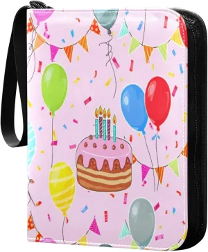 Colorful Balloons Birthday Card Binder 4-Pocket, 400 Pockets PU Waterproof Zippered Collector Card Album with 50 Removable Sleeves for Trading, Game Cards