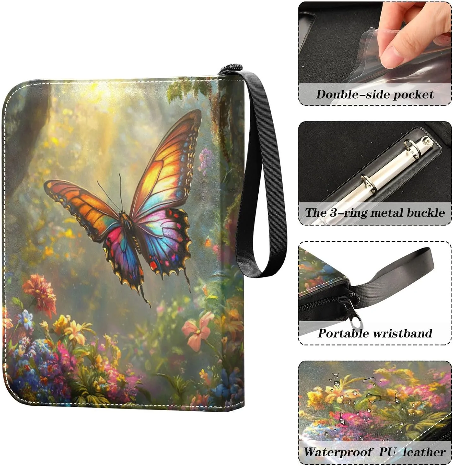 Colorful Butterfly Flowers Card Holder Binder for Trading Cards 4 Pocket Card Storage with Sleeves Card Binder 4 Pocket