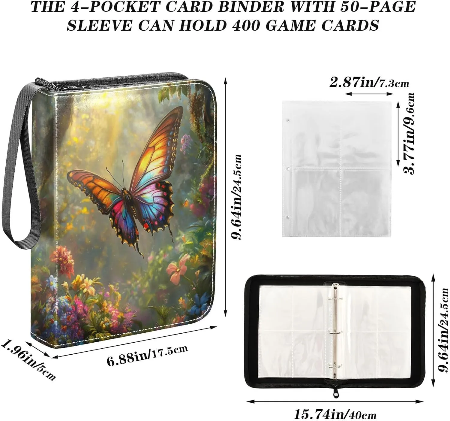 Colorful Butterfly Flowers Card Holder Binder for Trading Cards 4 Pocket Card Storage with Sleeves Card Binder 4 Pocket