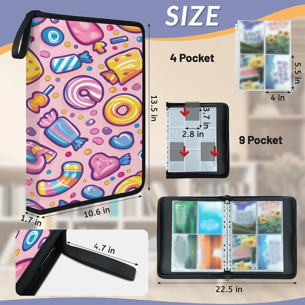 Colorful Candy Pattern 4 Pocket Card Binder, Card Album Trading Card Binders Capacity for 400 Cards, Waterproof Anti-Scratch Card Holder for Collectible Cards, Game Card, Sports Trading Cards
