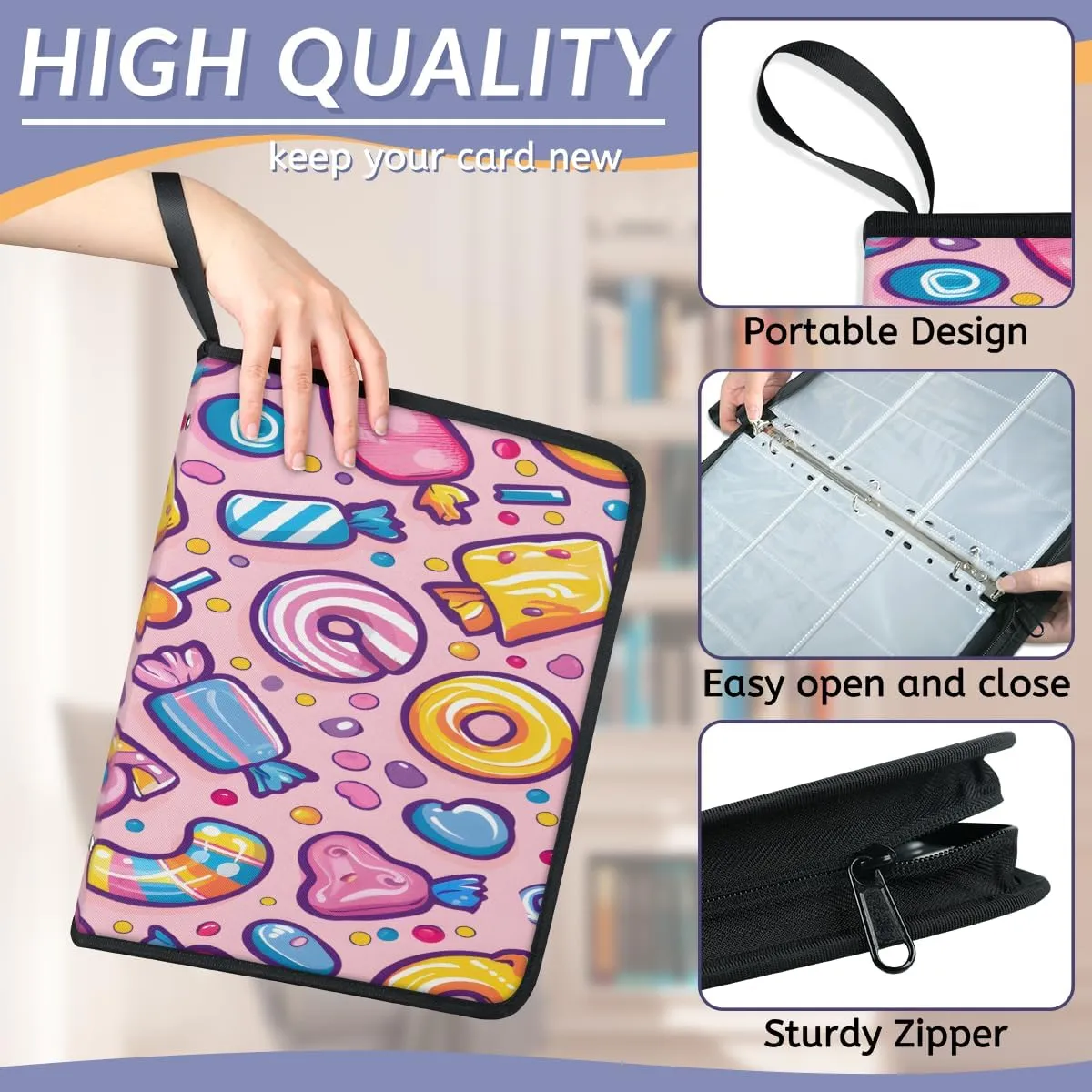Colorful Candy Pattern 4 Pocket Card Binder, Card Album Trading Card Binders Capacity for 400 Cards, Waterproof Anti-Scratch Card Holder for Collectible Cards, Game Card, Sports Trading Cards