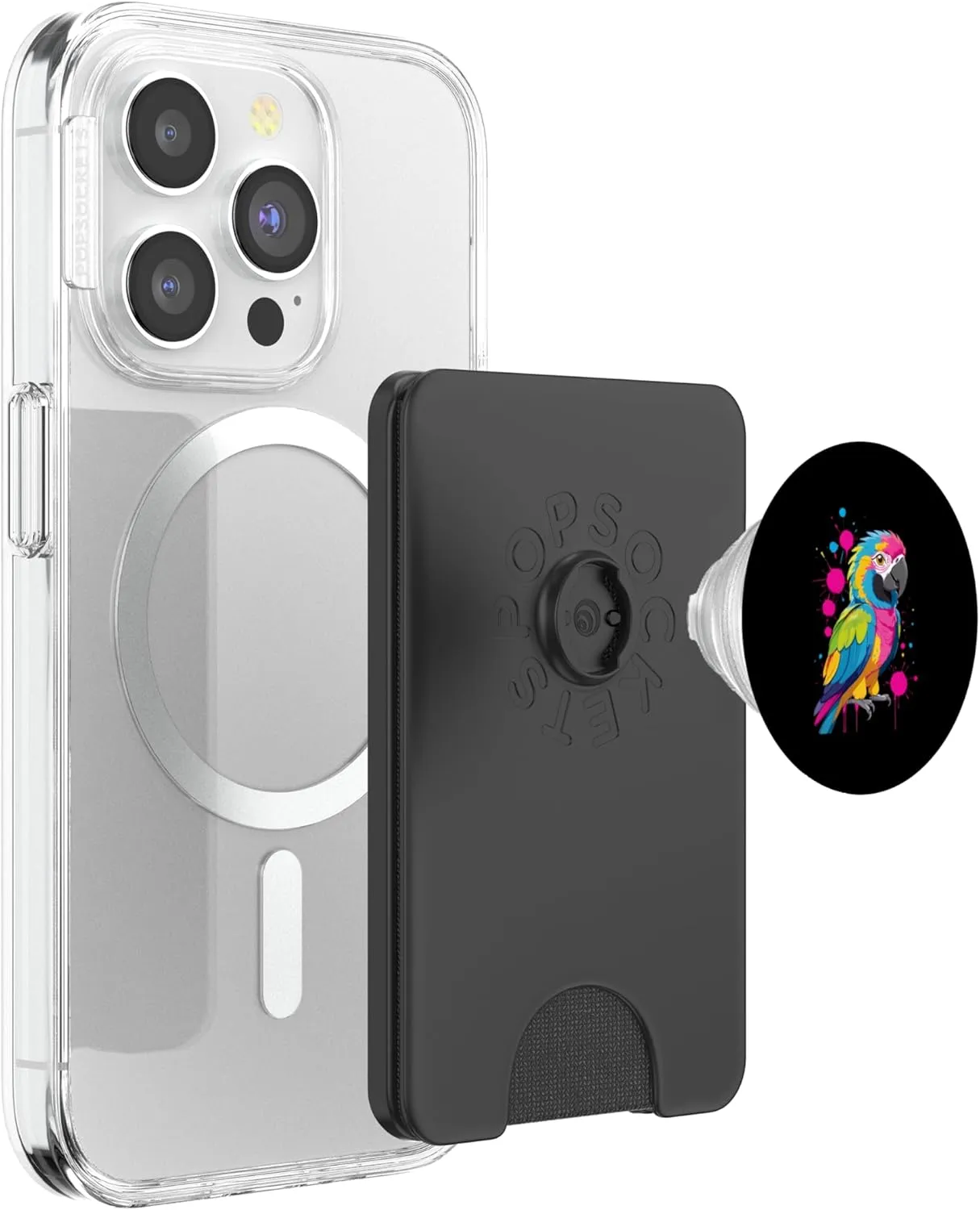 Colorful Cartoon Macaw Parrot with Paint Splashes PopSockets PopWallet for MagSafe