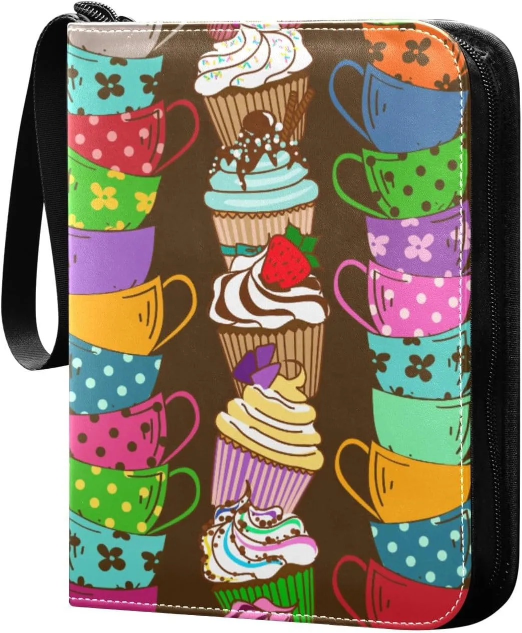Colorful Cupcakes and Tea Cups Card Binder 400 Pockets 3 Ring Trading Card Album with PU Leather Cover and Zipper