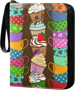 Colorful Cupcakes and Tea Cups Card Binder 400 Pockets 3 Ring Trading Card Album with PU Leather Cover and Zipper