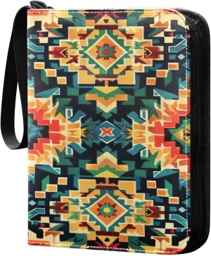 Colorful Ethnic Geometric Card Binder 4-Pocket, 400 Pockets PU Waterproof Zippered Collector Card Album with 50 Removable Sleeves for Trading, Game Cards