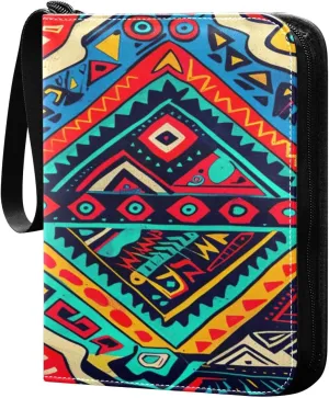 Colorful Ethnic Geometry Card Binder 4-Pocket, 400 Pockets PU Waterproof Zippered Collector Card Album with 50 Removable Sleeves for Trading, Game Cards