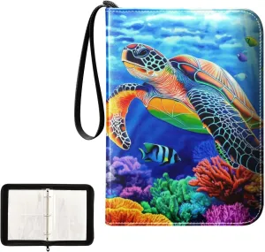 Colorful Fish Sea Turtle Ocean Card Binder 4 Pocket, Trading Card Holder Fits 400 Game Cards with 50 Removable Sleeves, MTG Card Case Standard Size