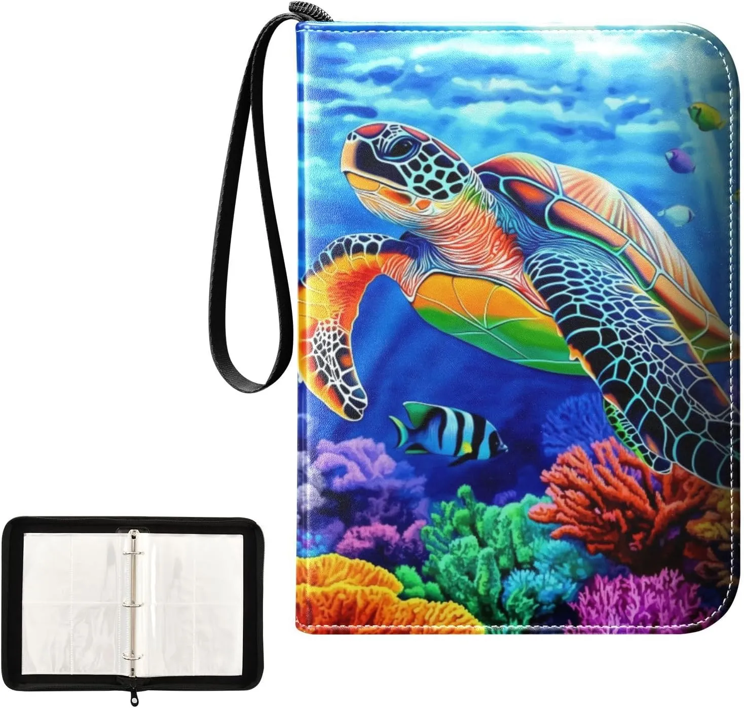 Colorful Fish Sea Turtle Ocean Card Binder 4 Pocket, Trading Card Holder Fits 400 Game Cards with 50 Removable Sleeves, MTG Card Case Standard Size