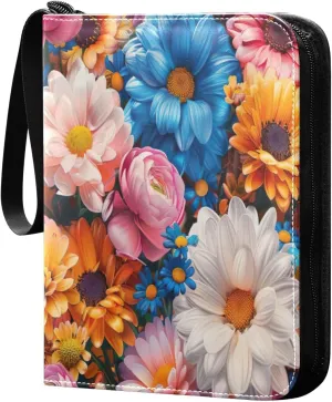 Colorful Flowers Card Binder 4-Pocket, 400 Pockets PU Waterproof Zippered Collector Card Album with 50 Removable Sleeves for Trading, Game Cards