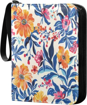 Colorful Flowers Card Binder 4-Pocket, 400 Pockets PU Waterproof Zippered Collector Card Album with 50 Removable Sleeves for Trading, Game Cards