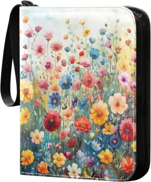 Colorful Flowers Card Binder 4-Pocket, 400 Pockets PU Waterproof Zippered Collector Card Album with 50 Removable Sleeves for Trading, Game Cards
