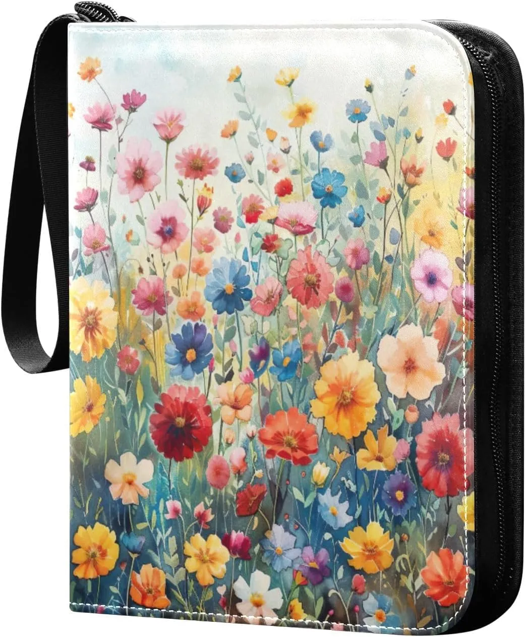Colorful Flowers Card Binder 4-Pocket, 400 Pockets PU Waterproof Zippered Collector Card Album with 50 Removable Sleeves for Trading, Game Cards