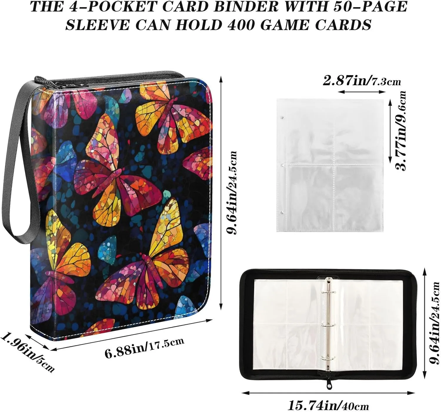 Colorful Glass Butterflies Binder for Cards 4-Pocket Card Book Holder Fits 400 Cards for Sports Cards, Game Cards
