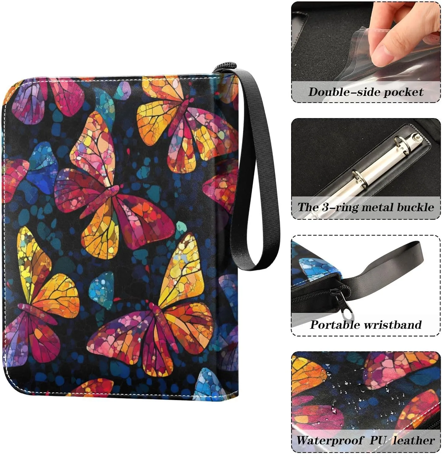Colorful Glass Butterflies Binder for Cards 4-Pocket Card Book Holder Fits 400 Cards for Sports Cards, Game Cards